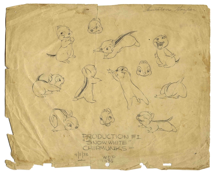 Disney Animator Thurston Harper Lot of Three Pages of Sketches -- Includes Mickey Mouse, Emil Eagle, Chipmunks From ''Snow White'', & Oliver Hardy
